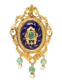 An 18 Karat Yellow Gold, Emerald, Cultured Pearl and Enamel Pendant/Brooch, Toliro, 13.90 dwts.