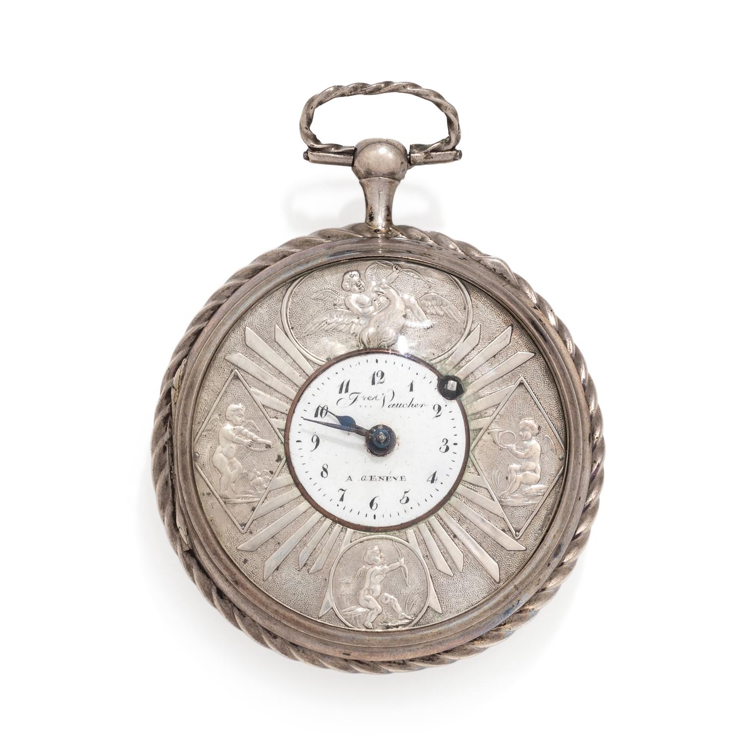 FRED VAUCHER, OPEN FACE POCKET WATCH WITH CHAIN