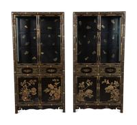 A Pair of Chinese Gilt Decorated Black Lacquer Vitrine Cabinets