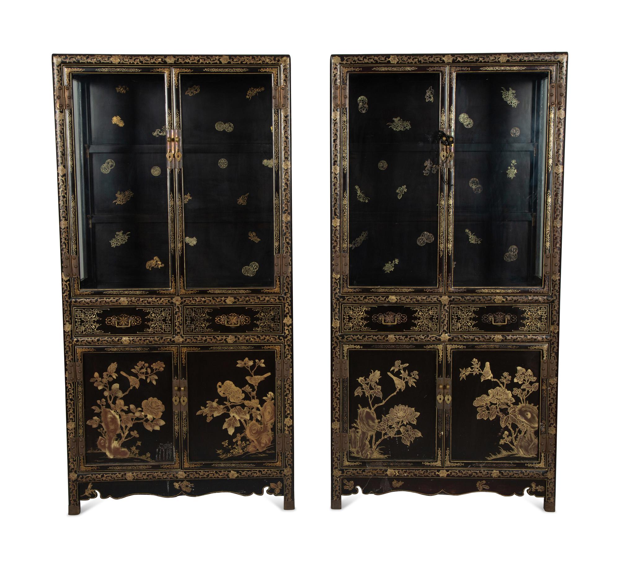 A Pair of Chinese Gilt Decorated Black Lacquer Vitrine Cabinets