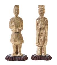 Two Grey Pottery Male Figures — POSSIBLY TANG DYNASTY