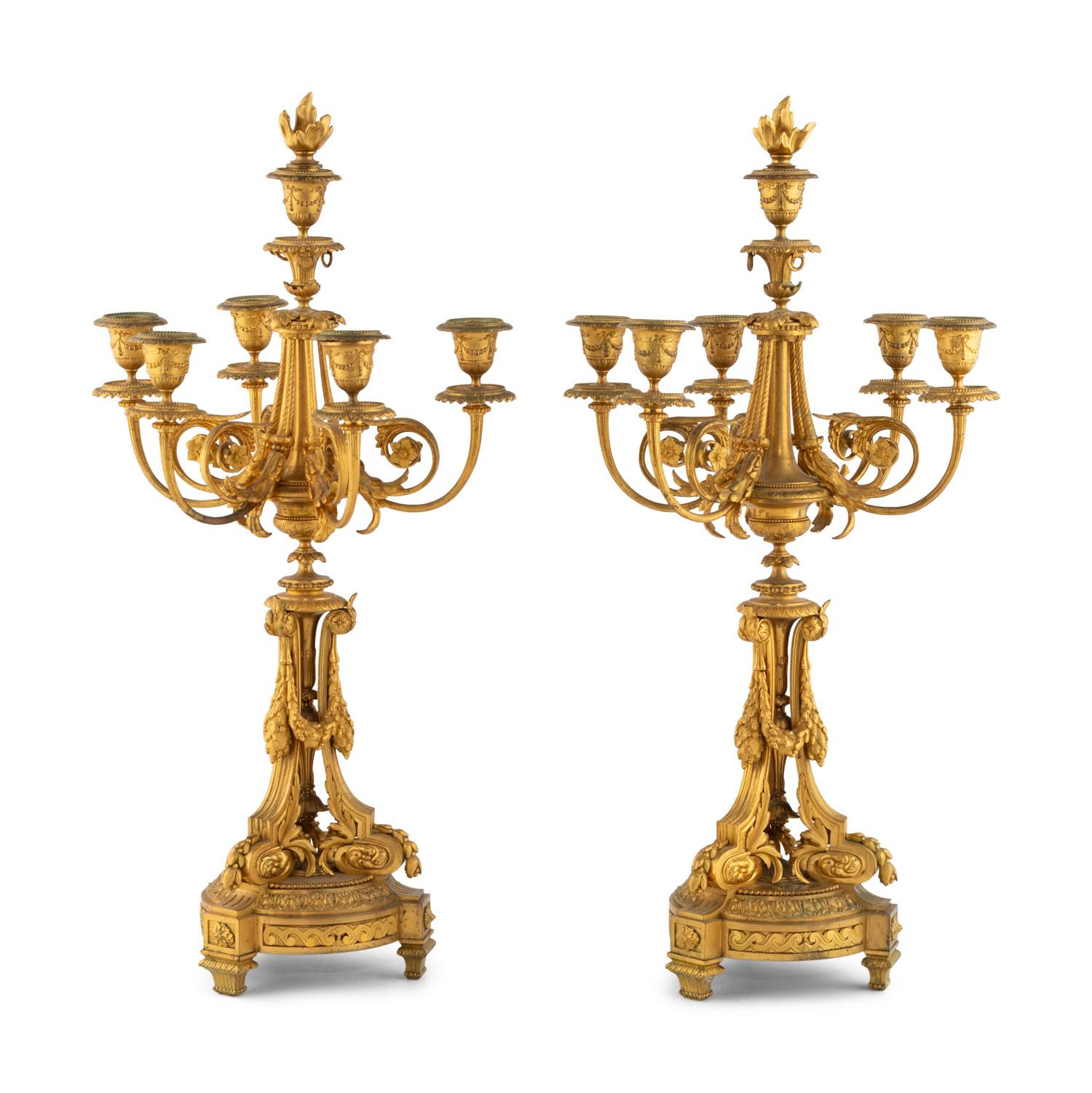 A Pair of Louis XVI Style Gilt Bronze Five-Light Candelabra