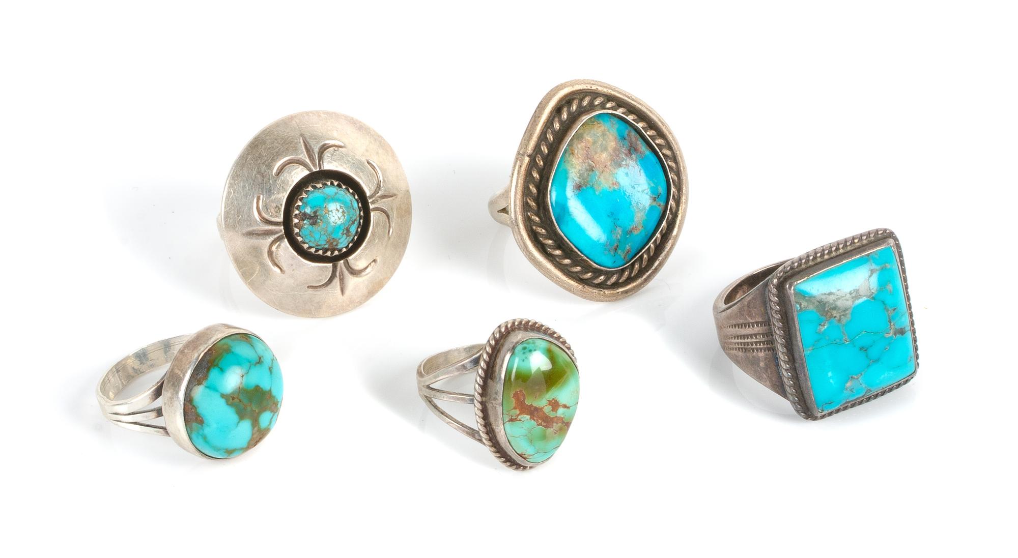 Five Southwestern Silver and Turquoise Rings