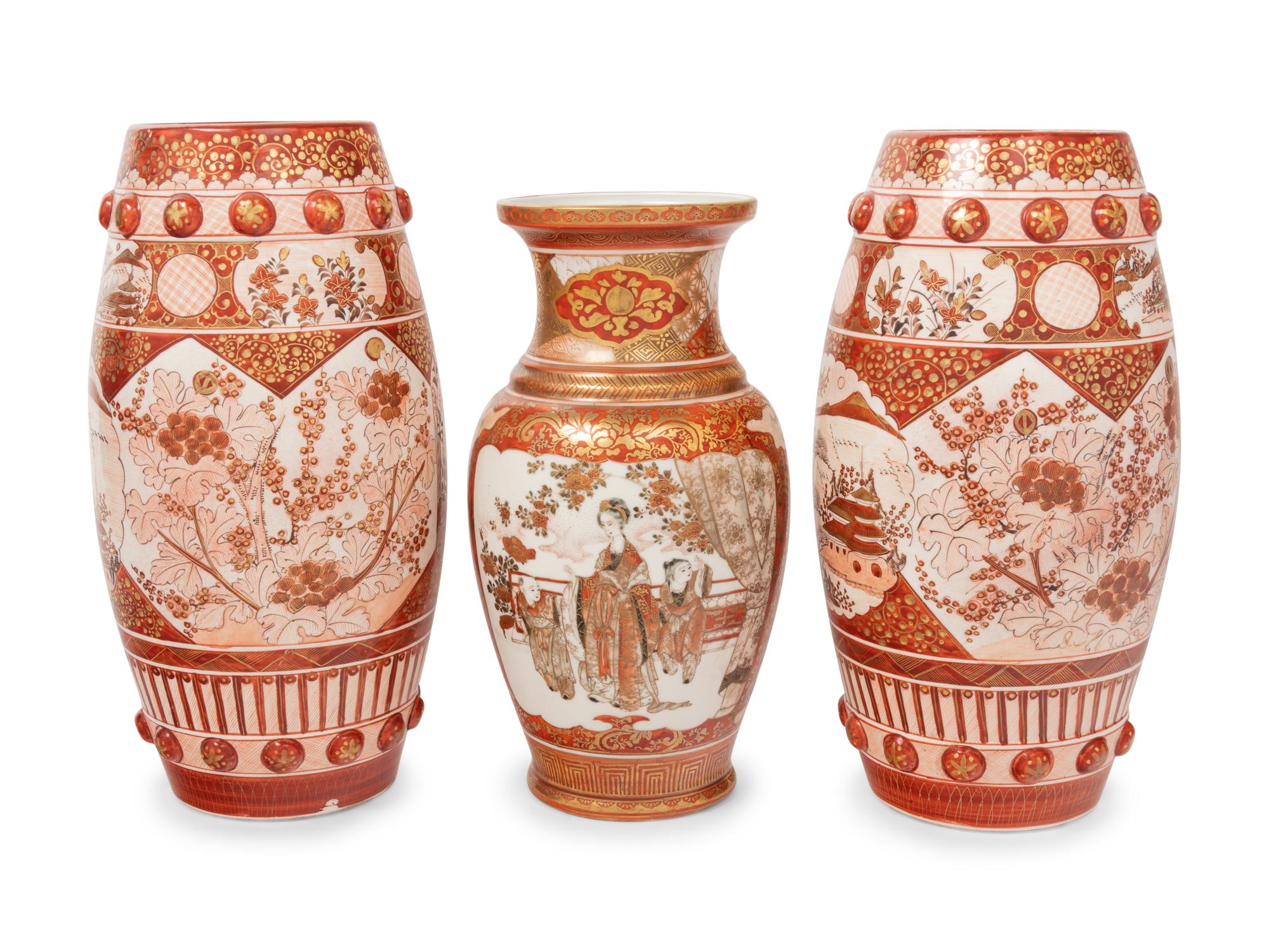 Three Japanese Kutani Porcelain Vases