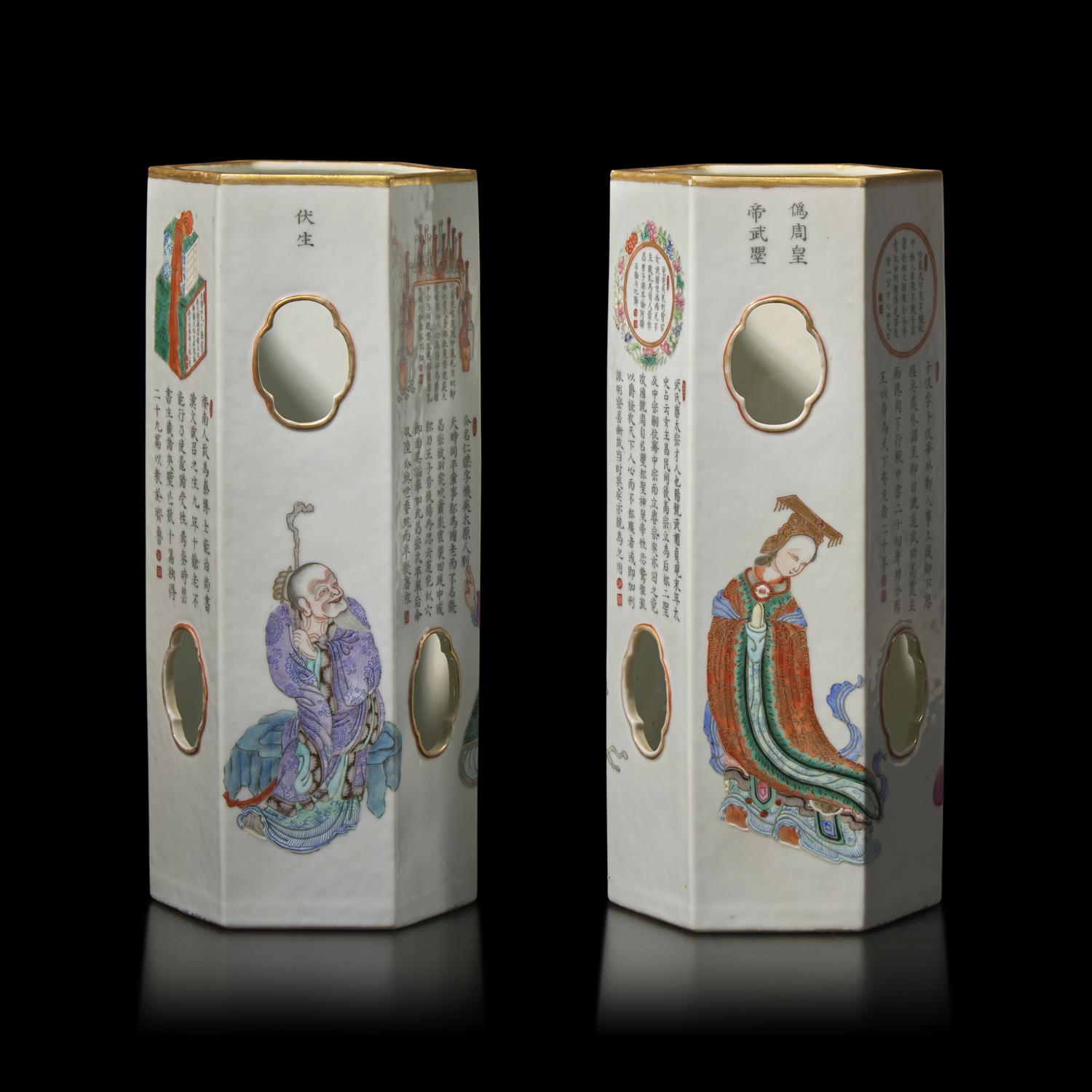 A Pair of Chinese Famille Rose Hexagonal 'Wushuangpu' Hat Stands, Qing Dynasty, 19th Century 清晚期 粉彩無雙譜帽桶一對