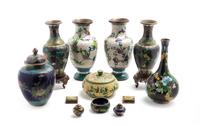 Twelve Cloissone Enamel Articles Height of tallest 10 3/4 inches.