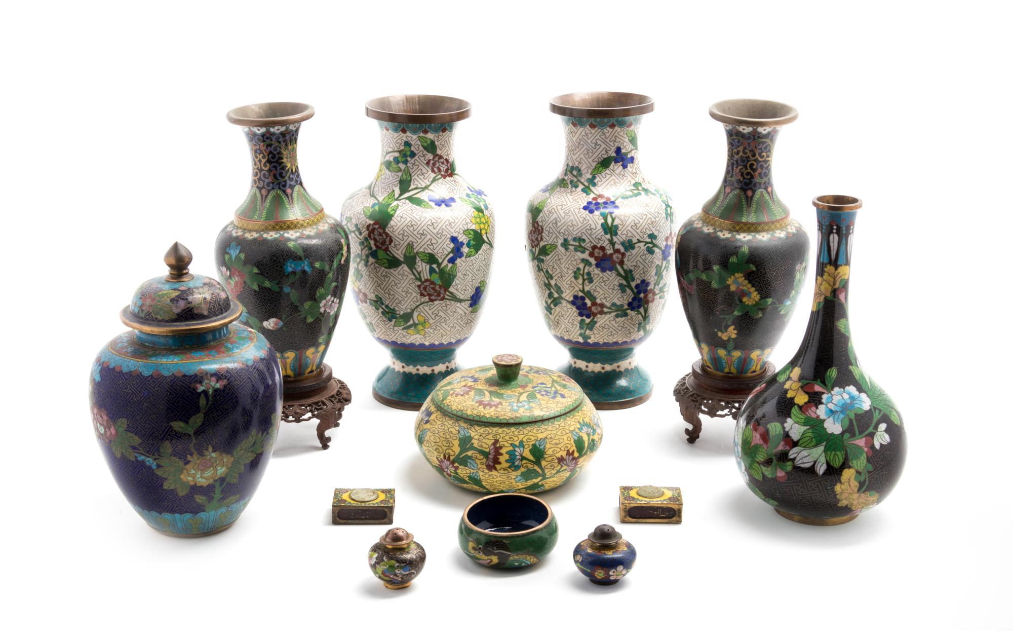 Twelve Cloissone Enamel Articles Height of tallest 10 3/4 inches.