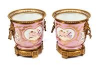 A Pair of Sèvres Style Gilt Bronze Mounted Porcelain Cache Pots