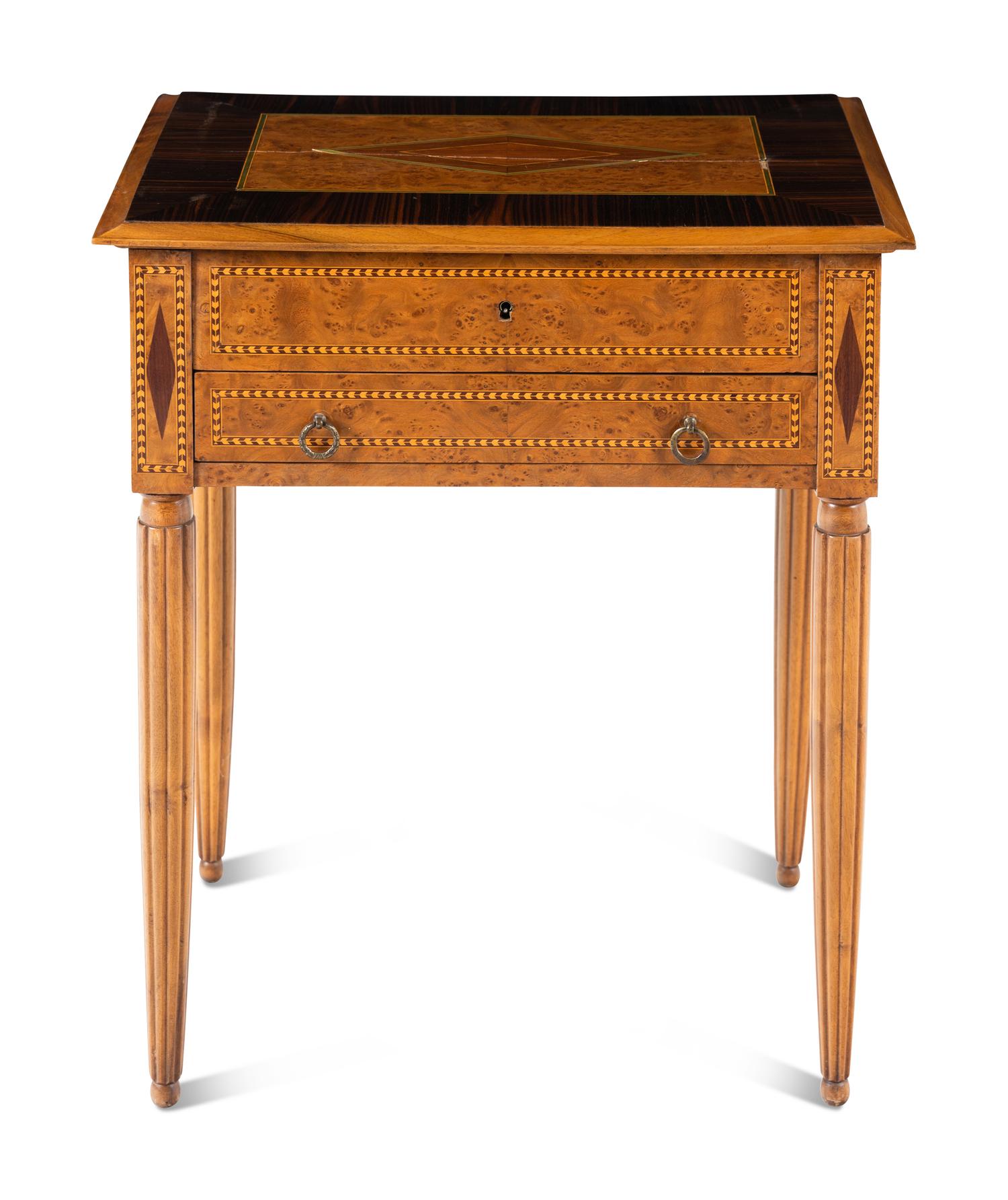 A Continental Burl Walnut, Calamander and Marquetry Side Table