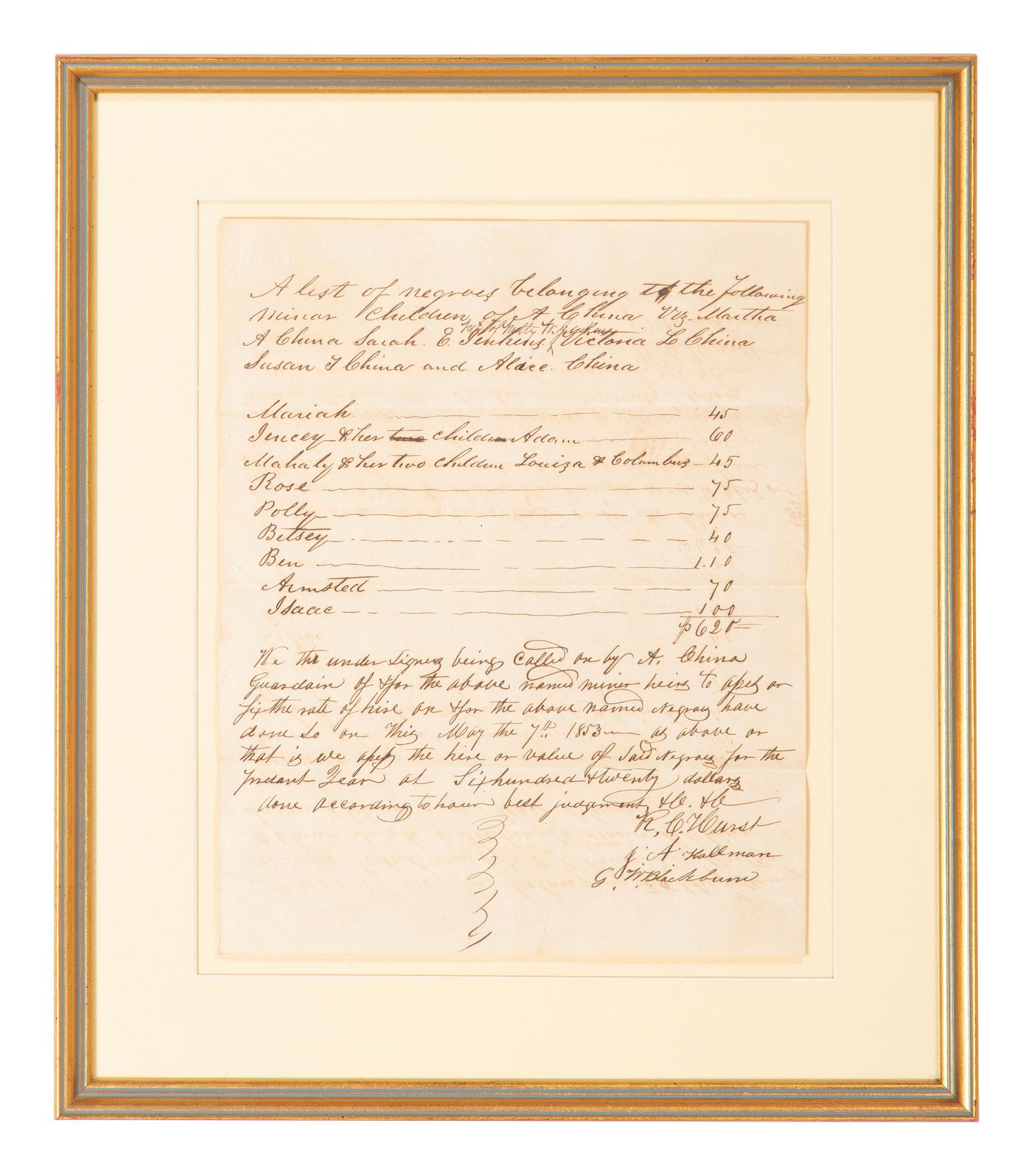 [SLAVERY & ABOLITION]. Manuscript inventory for 11 enslaved individuals. [Lauderdale County, Mississippi?], 7 May 1853.
