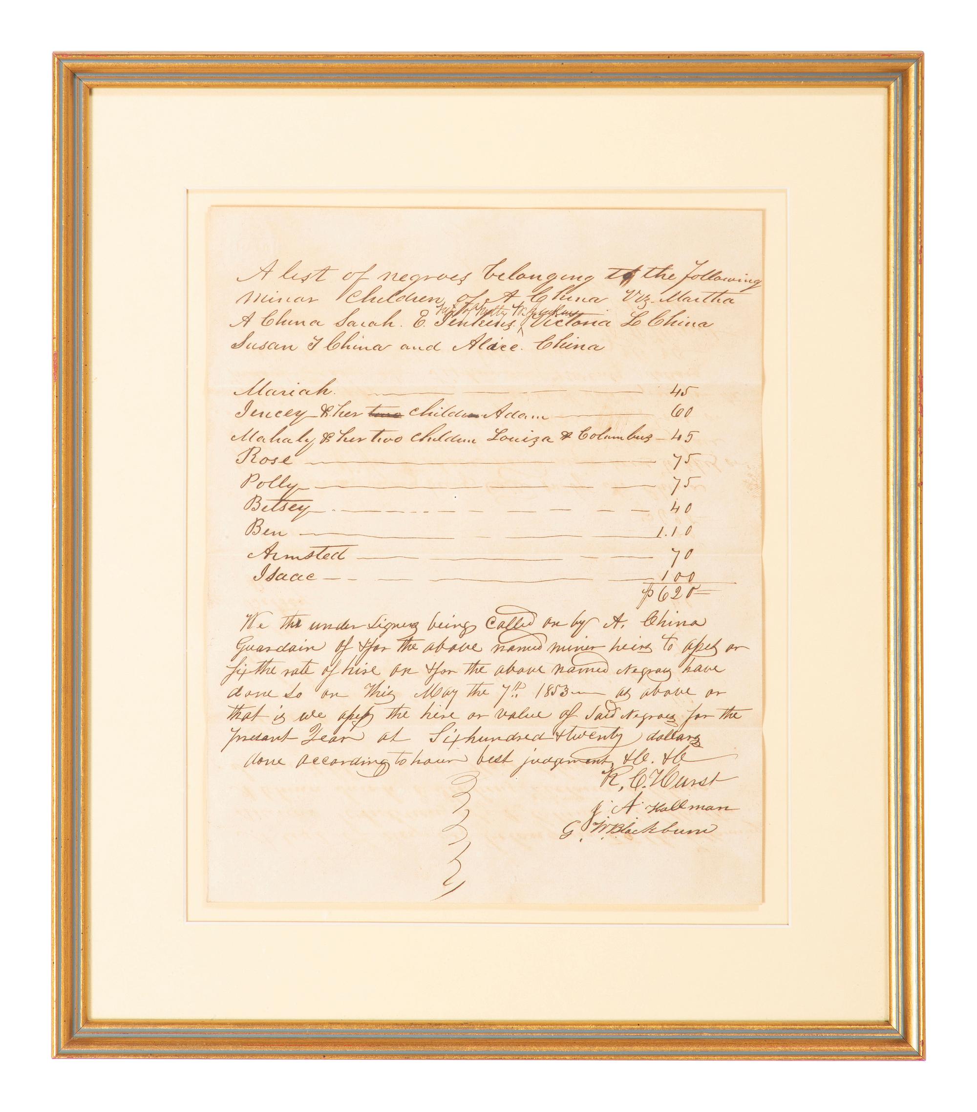 [SLAVERY & ABOLITION]. Manuscript inventory for 11 enslaved individuals. [Lauderdale County, Mississippi?], 7 May 1853.