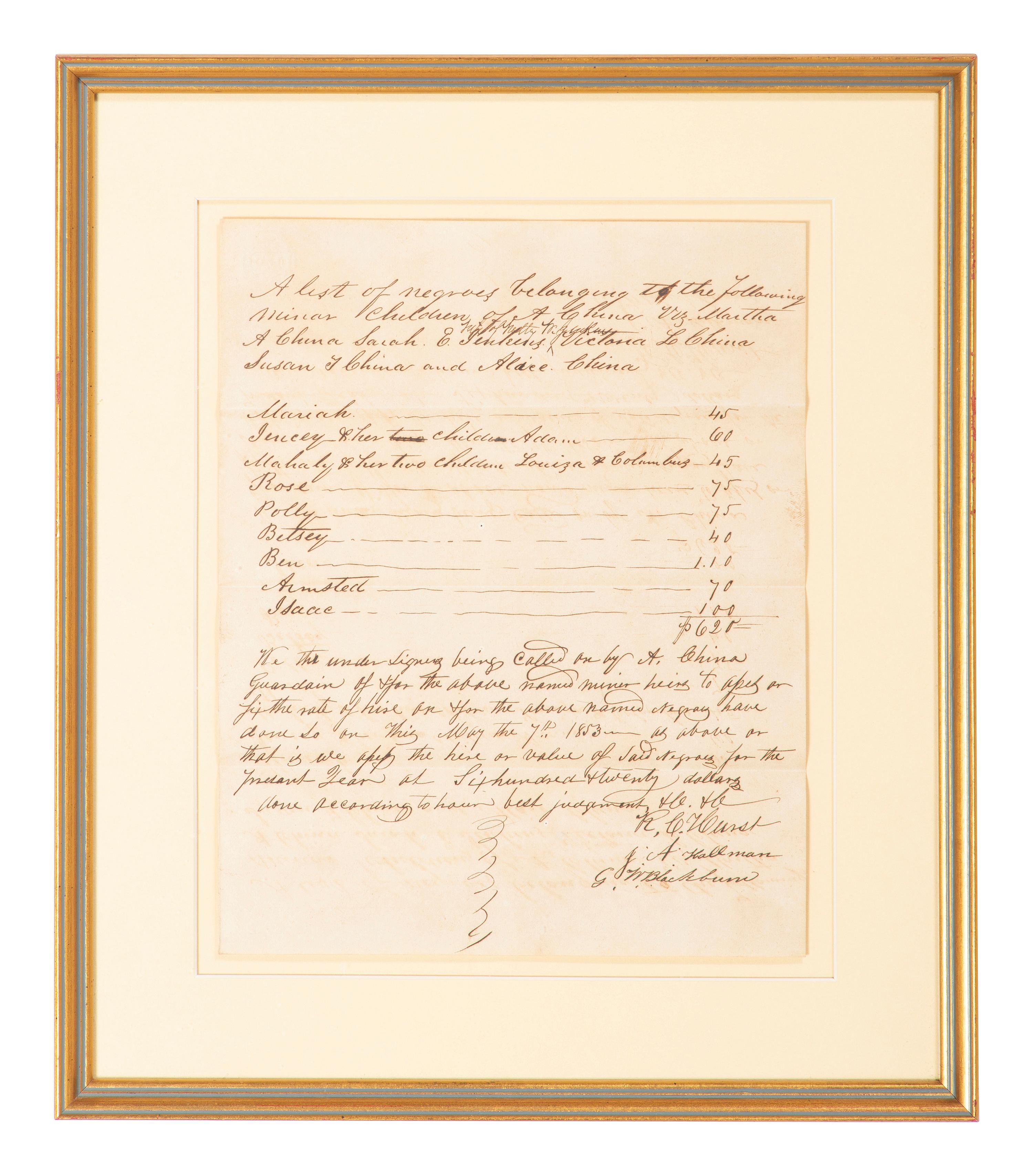 [SLAVERY & ABOLITION]. Manuscript inventory for 11 enslaved individuals. [Lauderdale County, Mississippi?], 7 May 1853.