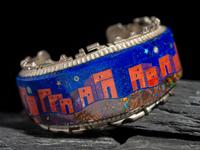 Sterling Silver Cuff Bracelet, with Mosaic Inlay Pueblo Scene