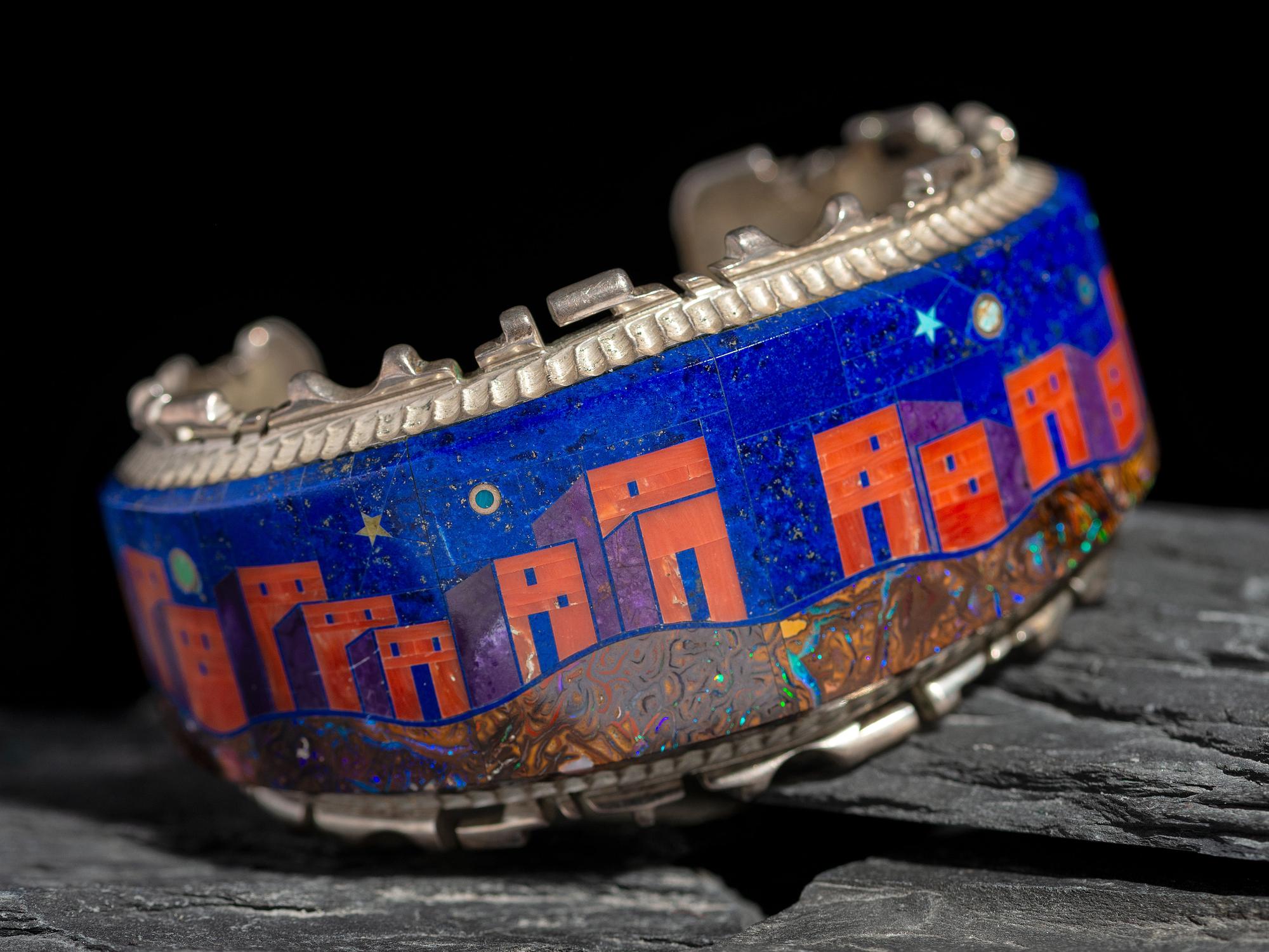 Sterling Silver Cuff Bracelet, with Mosaic Inlay Pueblo Scene