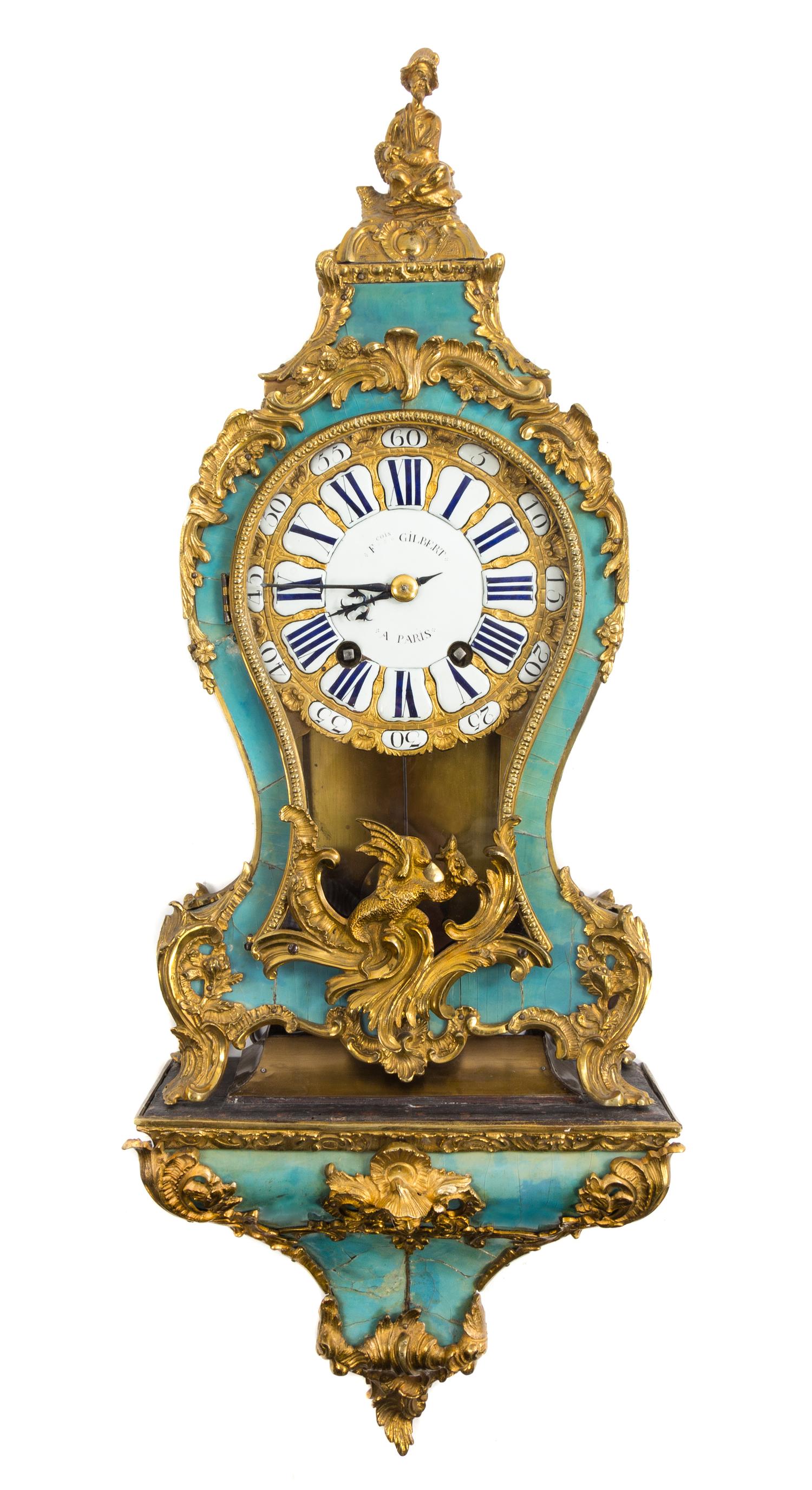 A Louis XV Gilt Bronze Mounted Horn Veneered Bracket Clock Height of clock 24 1/2 inches. — FRANCOIS GILBERT, PARIS, 18TH CENTURY