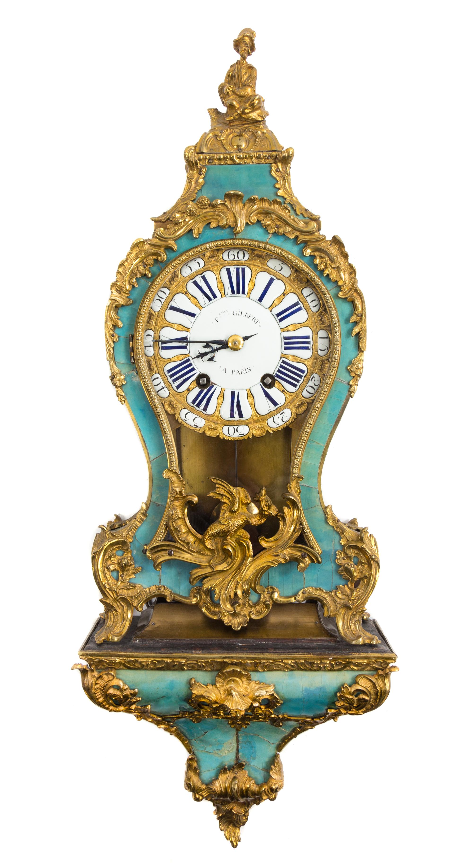A Louis XV Gilt Bronze Mounted Horn Veneered Bracket Clock Height of clock 24 1/2 inches. — FRANCOIS GILBERT, PARIS, 18TH CENTURY