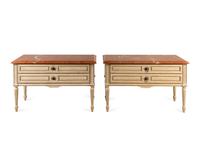 A Pair of Louis XVI Style Gray-Painted Marble-Top Bedside Tables