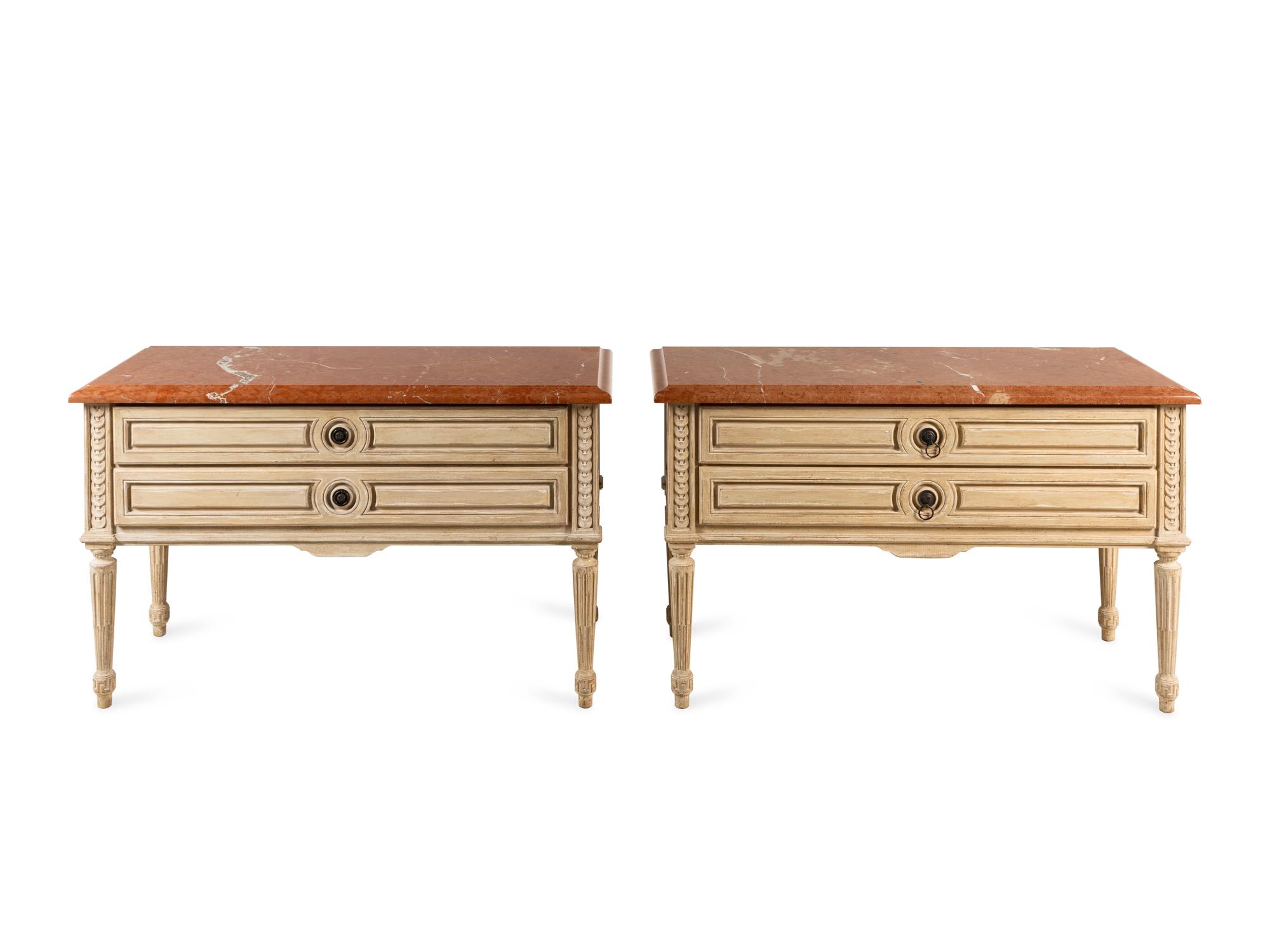 A Pair of Louis XVI Style Gray-Painted Marble-Top Bedside Tables