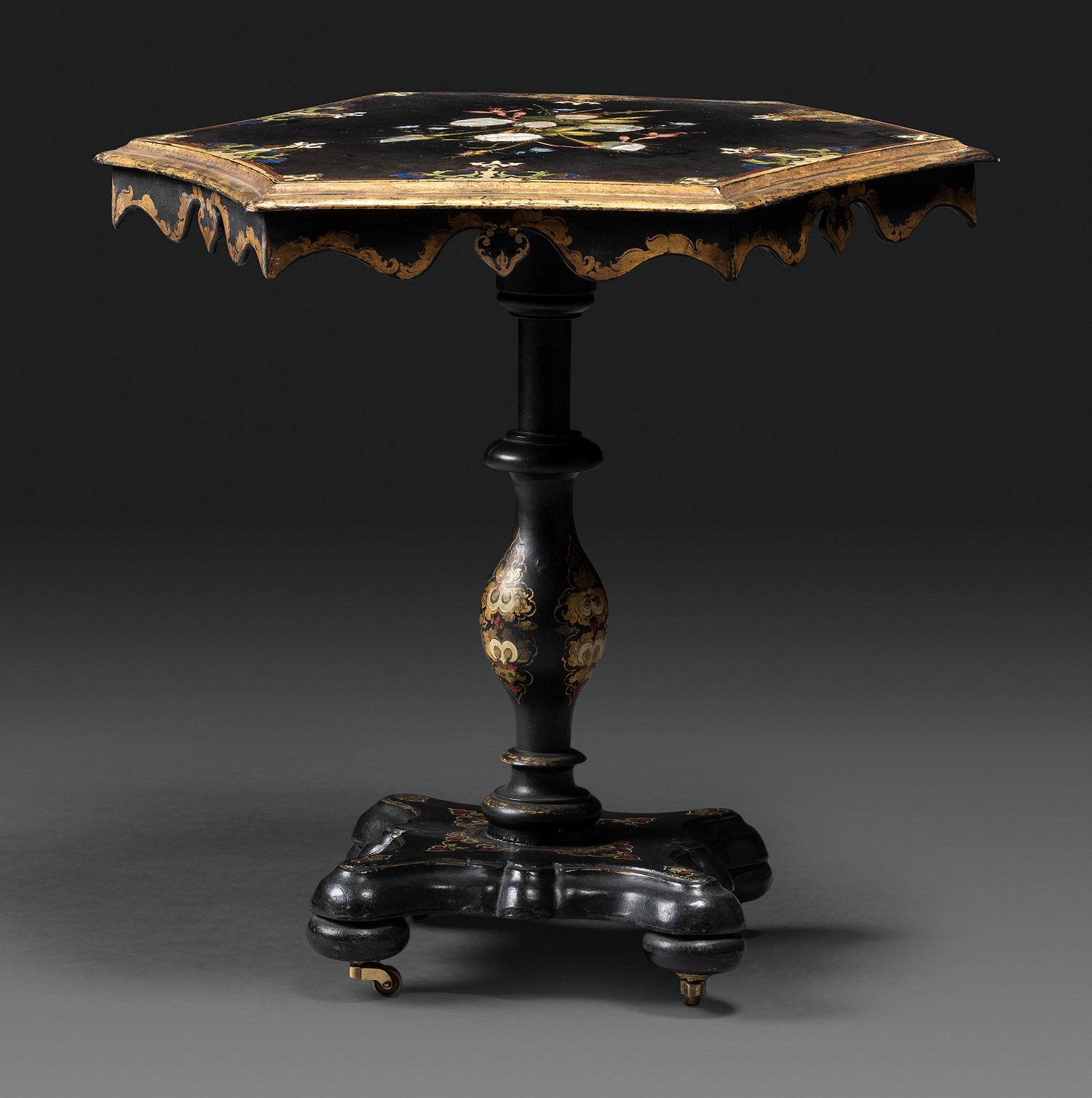 A Victorian Parcel-Gilt and Black Lacquered Mother-of-Pearl Inlaid Hexagonal Tilt-Top Tea Table