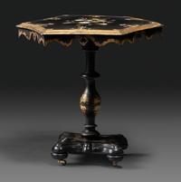 A Victorian Parcel-Gilt and Black Lacquered Mother-of-Pearl Inlaid Hexagonal Tilt-Top Tea Table