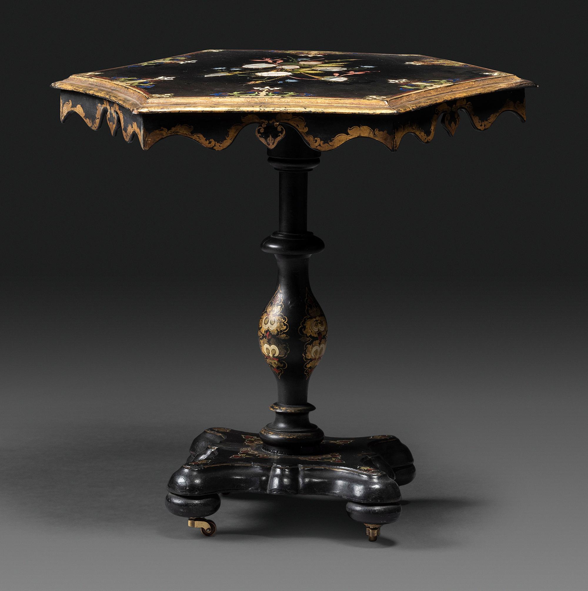 A Victorian Parcel-Gilt and Black Lacquered Mother-of-Pearl Inlaid Hexagonal Tilt-Top Tea Table