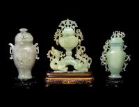 Three Chinese Jadeite and Serpentine Covered Vases