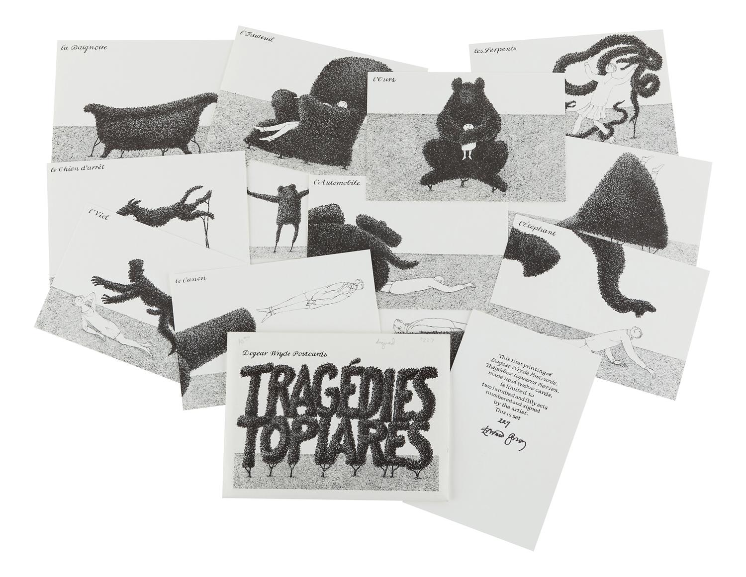 GOREY, Edward (1925-2000). Dogear Wryde Postcards: Tragedies Topiares Series. [New York]: n.p., 1989.