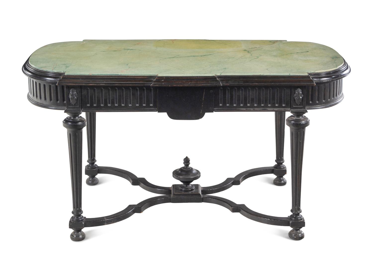 A Napoleon III Style Faux Marble-Top Ebonized Center Table