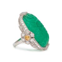 CARVED EMERALD, DIAMOND AND COLORED DIAMOND RING