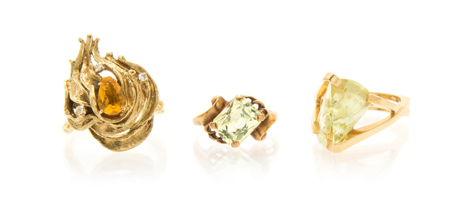 A Collection of Yellow Gold and Multigem Rings, 16.00 dwts.