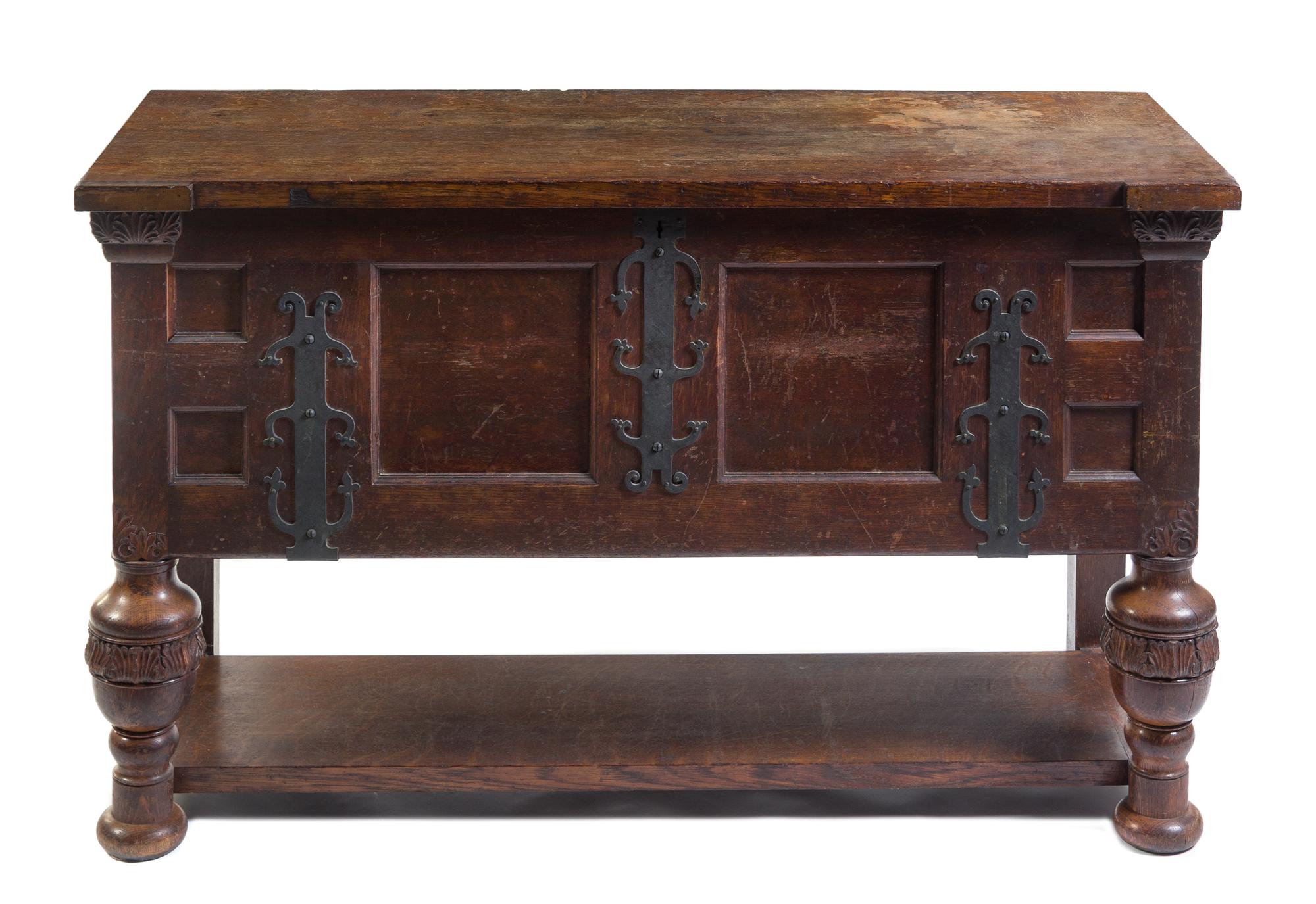 A Jacobean Style Oak Coffer Height 32 1/2 x width 54 x diameter 21 1/4 inches. — 19TH CENTURY