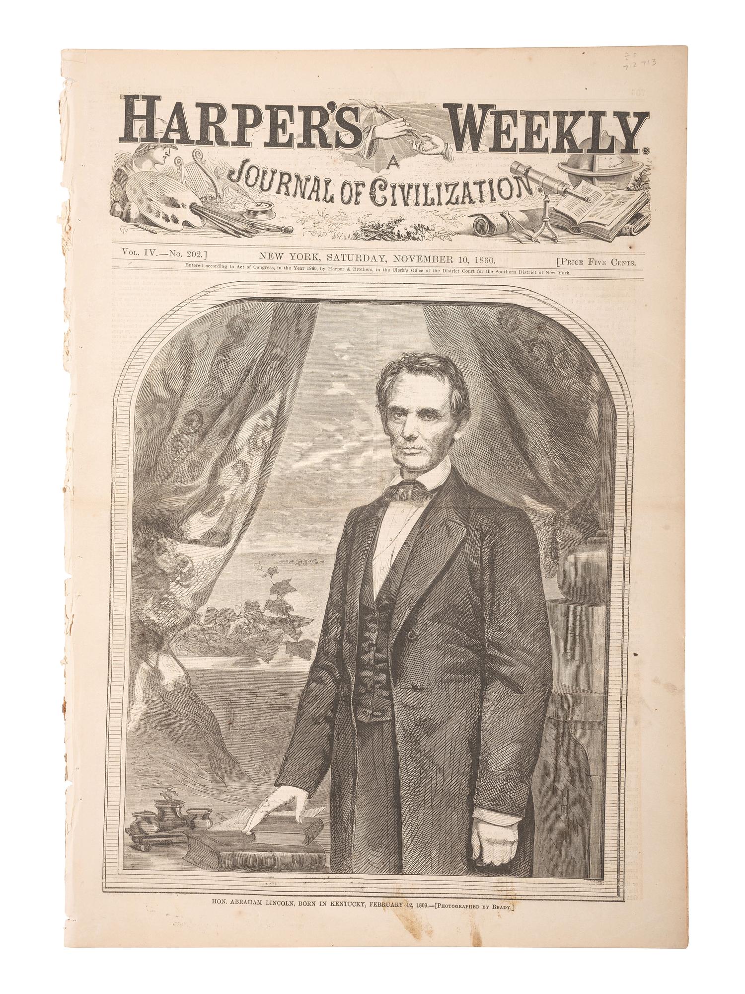 [LINCOLN, Abraham (1809-1865)]. Harper’s Weekly. Vol. IV, No. 202. New York, NY: Harper & Brothers, 10 November 1860.