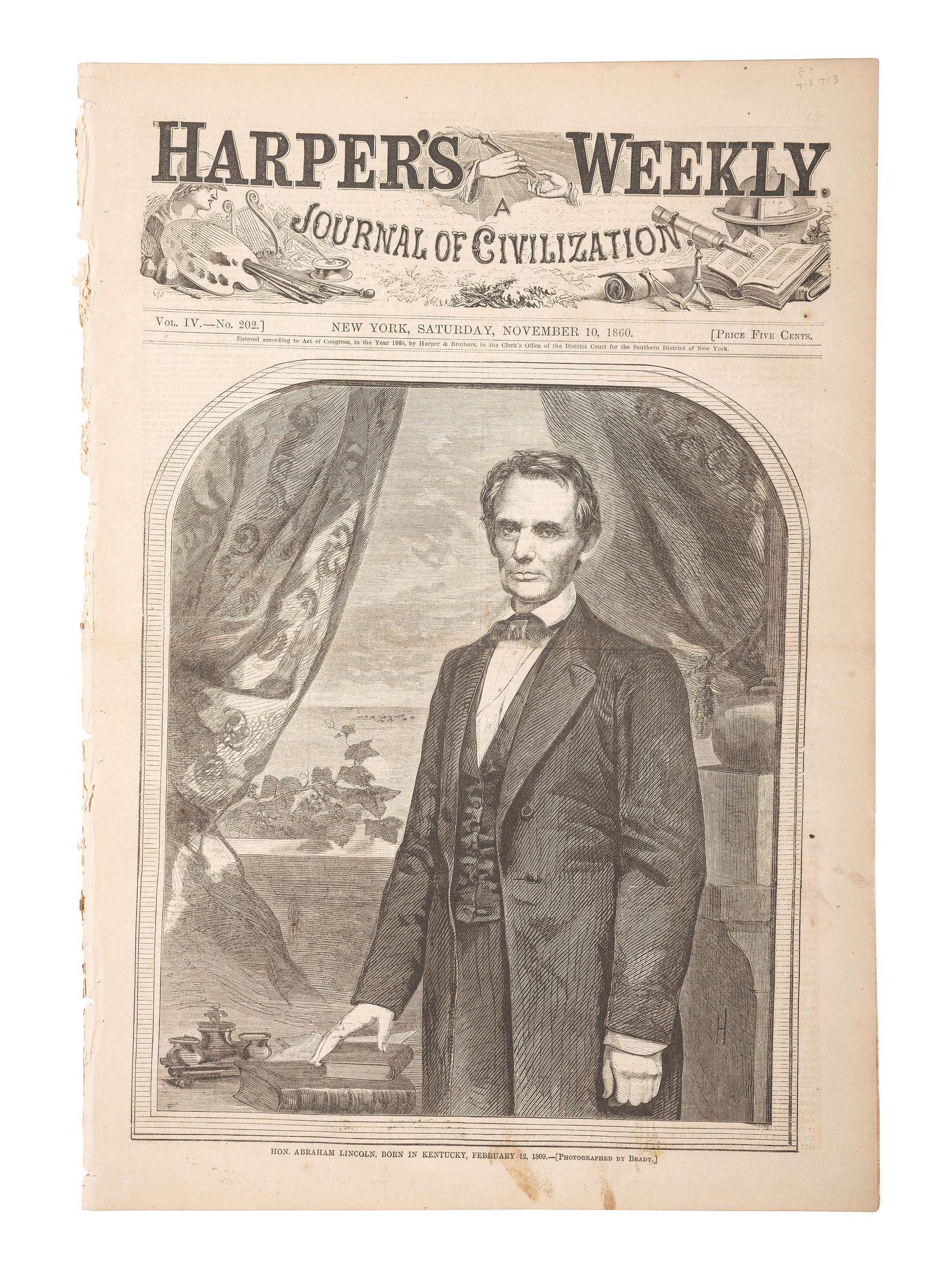 [LINCOLN, Abraham (1809-1865)]. Harper’s Weekly. Vol. IV, No. 202. New York, NY: Harper & Brothers, 10 November 1860.