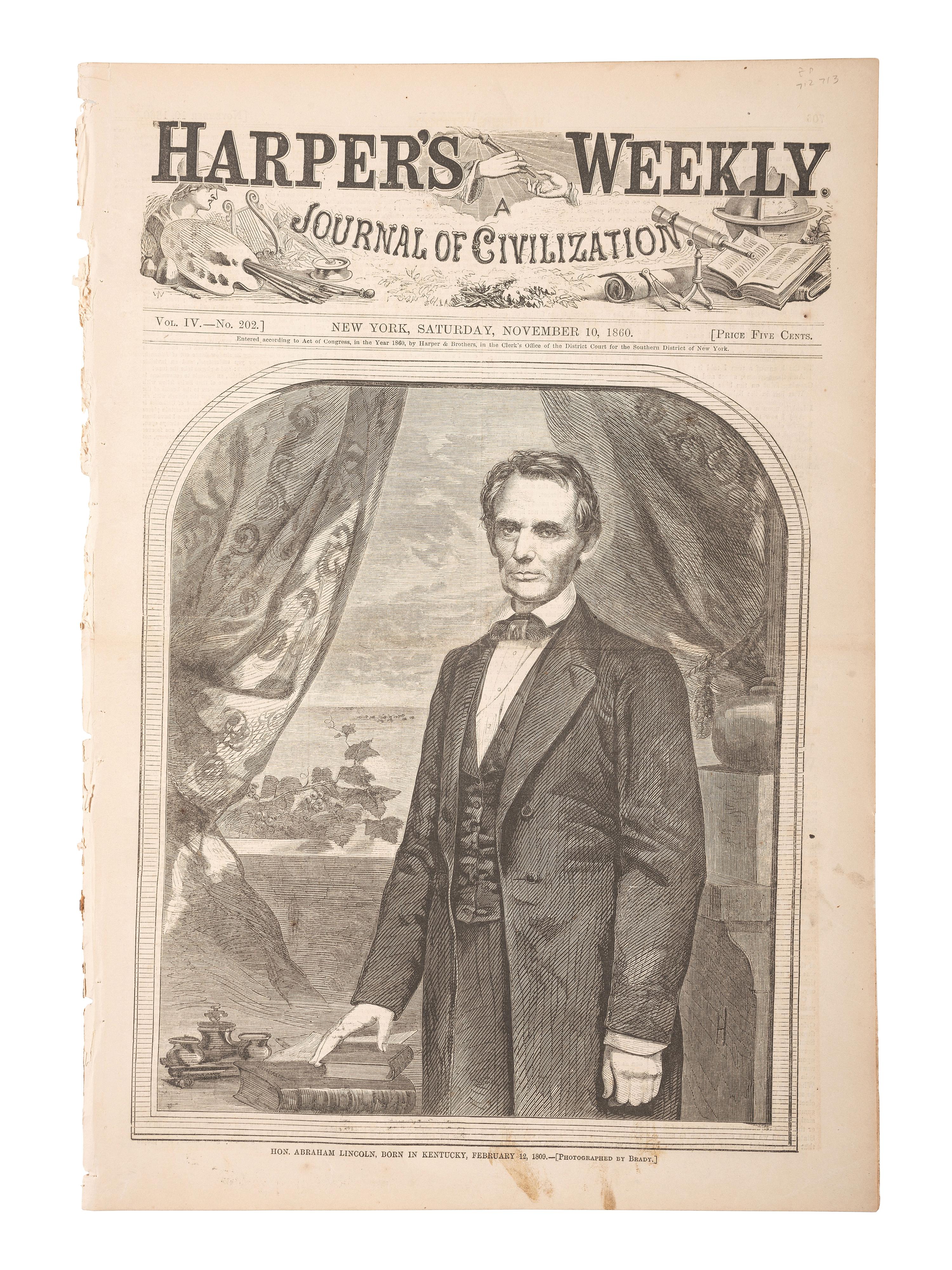 [LINCOLN, Abraham (1809-1865)]. Harper’s Weekly. Vol. IV, No. 202. New York, NY: Harper & Brothers, 10 November 1860.