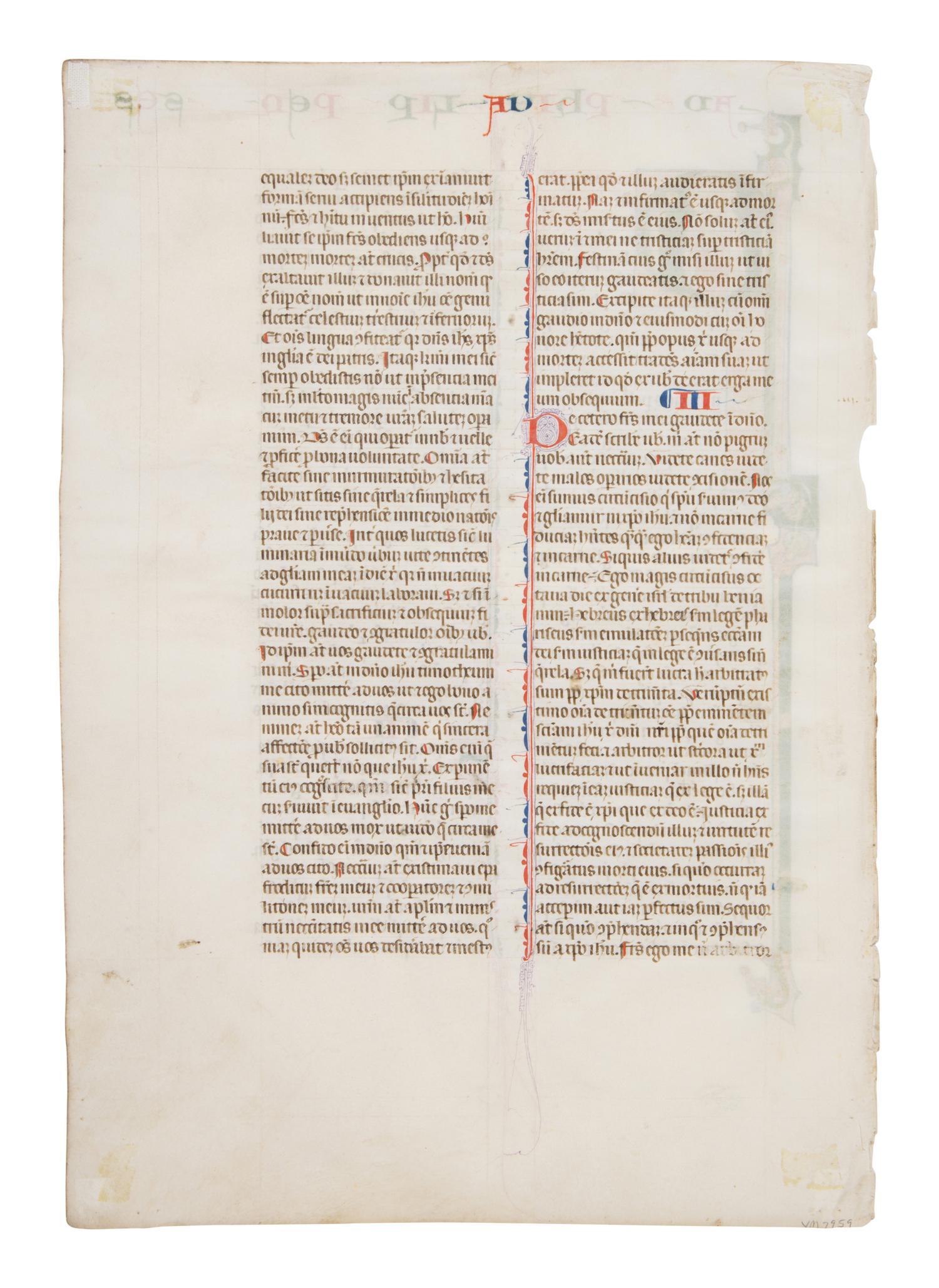 SOUTHERN FRENCH ILLUMINATOR Leaf with a historiated initial ‘P’ of Saint Paul from the Mailhac-Faber Bible, in Latin, illuminated manuscript on parchment [Southern France, late 13th–early 14th century]