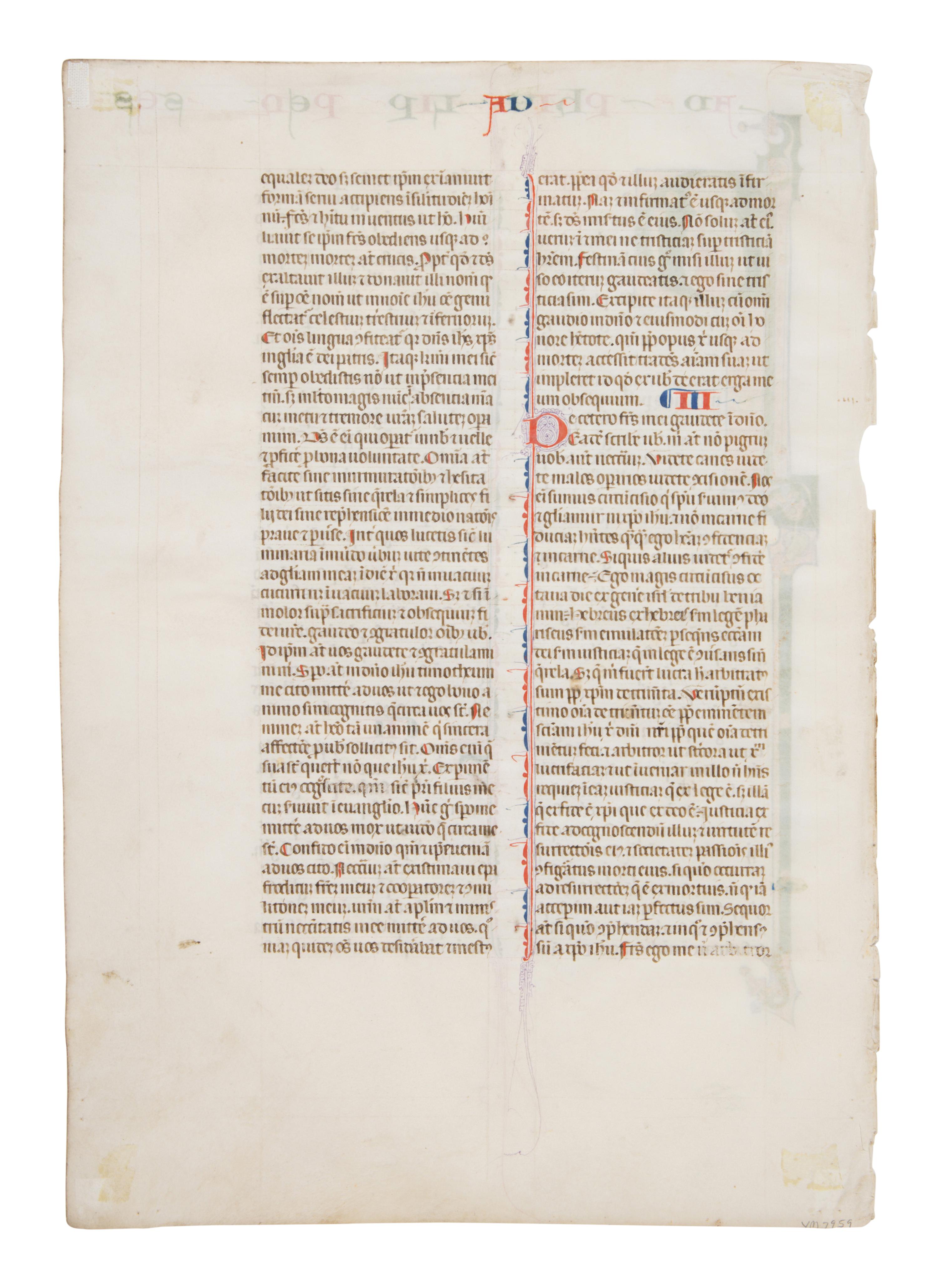 SOUTHERN FRENCH ILLUMINATOR Leaf with a historiated initial ‘P’ of Saint Paul from the Mailhac-Faber Bible, in Latin, illuminated manuscript on parchment [Southern France, late 13th–early 14th century]