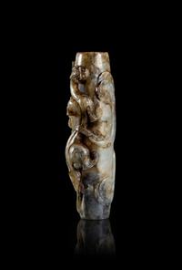 A Black and White Jade ‘Chilong’ Tubular Pendant