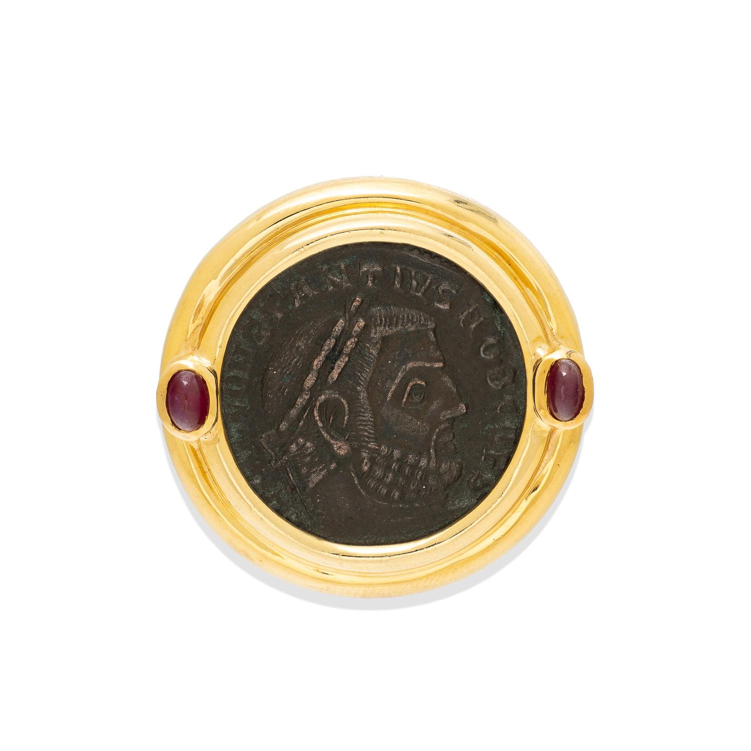 ANCIENT COIN, RUBY, AND YELLOW GOLD SLIDE PENDANT