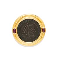 ANCIENT COIN, RUBY, AND YELLOW GOLD SLIDE PENDANT