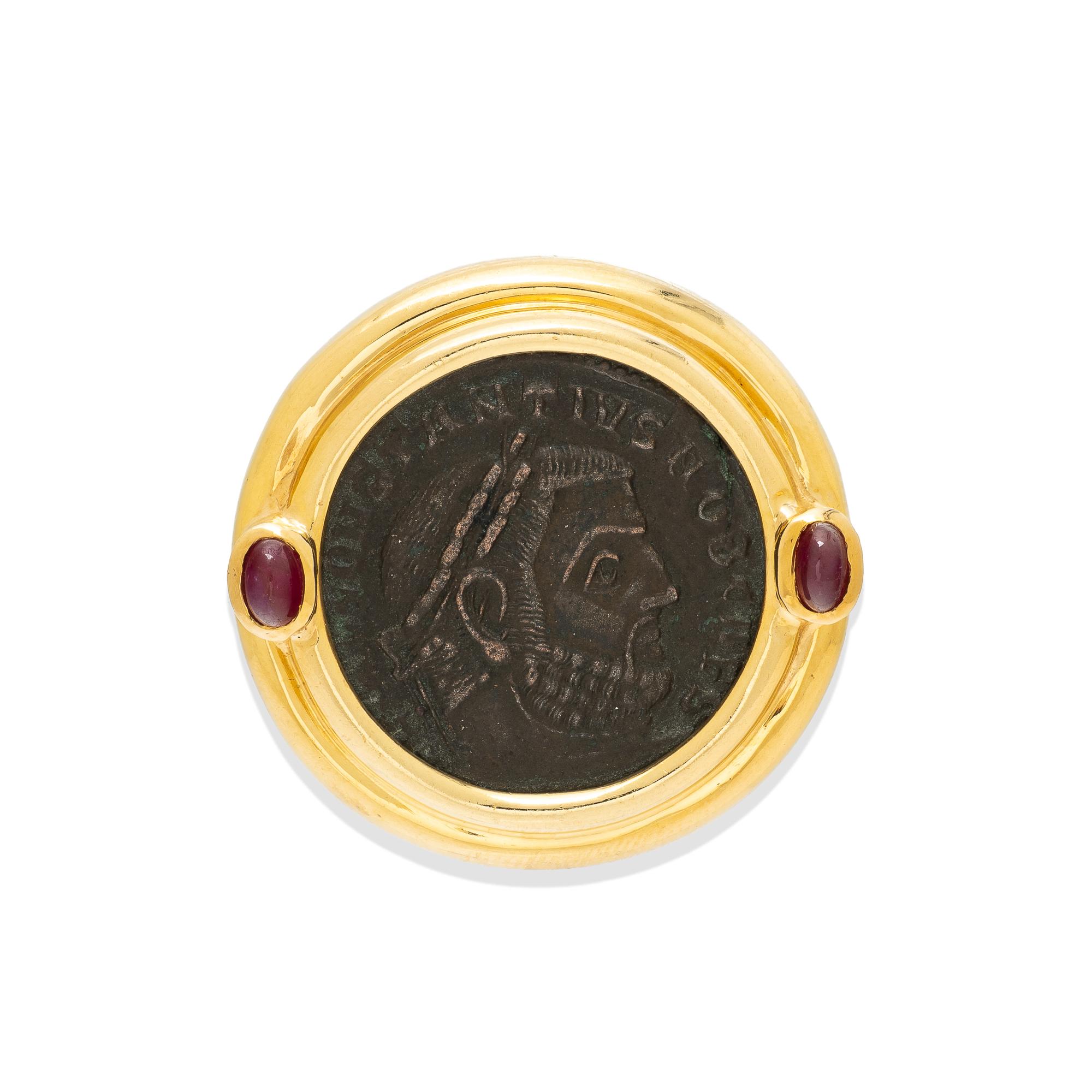 ANCIENT COIN, RUBY, AND YELLOW GOLD SLIDE PENDANT