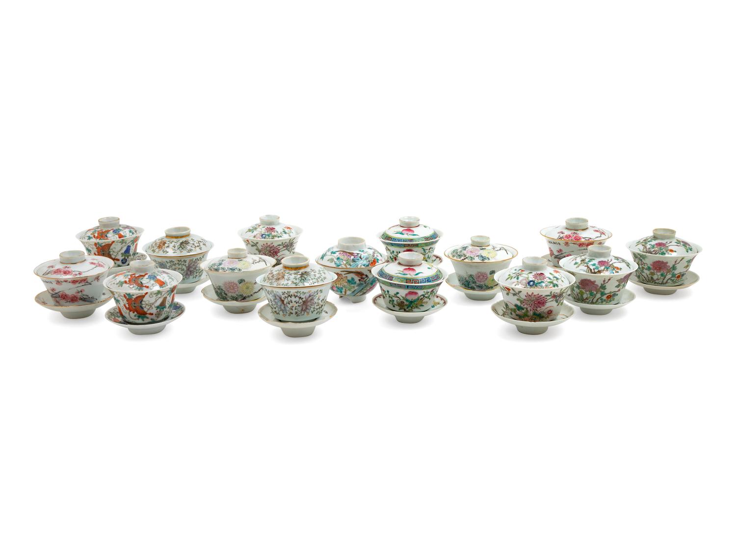Fifteen Chinese Famille Rose Porcelain Covered Tea Bowls