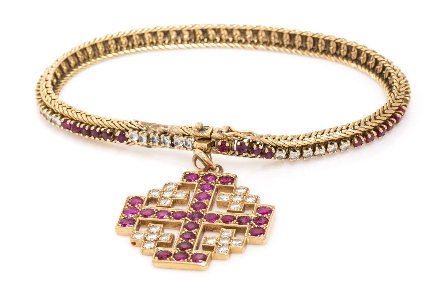 An 18 Karat Yellow Gold, Ruby and Diamond Bracelet with Maltese Cross Charm Pendant, 16.50 dwts.