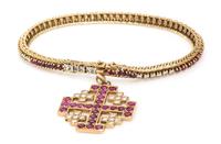 An 18 Karat Yellow Gold, Ruby and Diamond Bracelet with Maltese Cross Charm Pendant, 16.50 dwts.