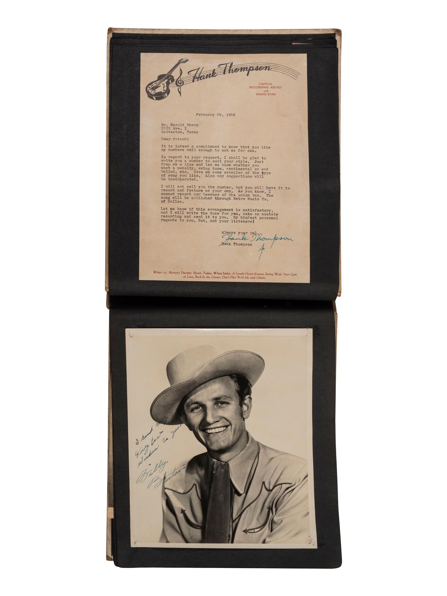 [COUNTRY MUSIC]. Traditional Country Music Hall of Fame scrapbook identified to Harold Sharp, containing rare Hank Williams Memorial Souvenir program.