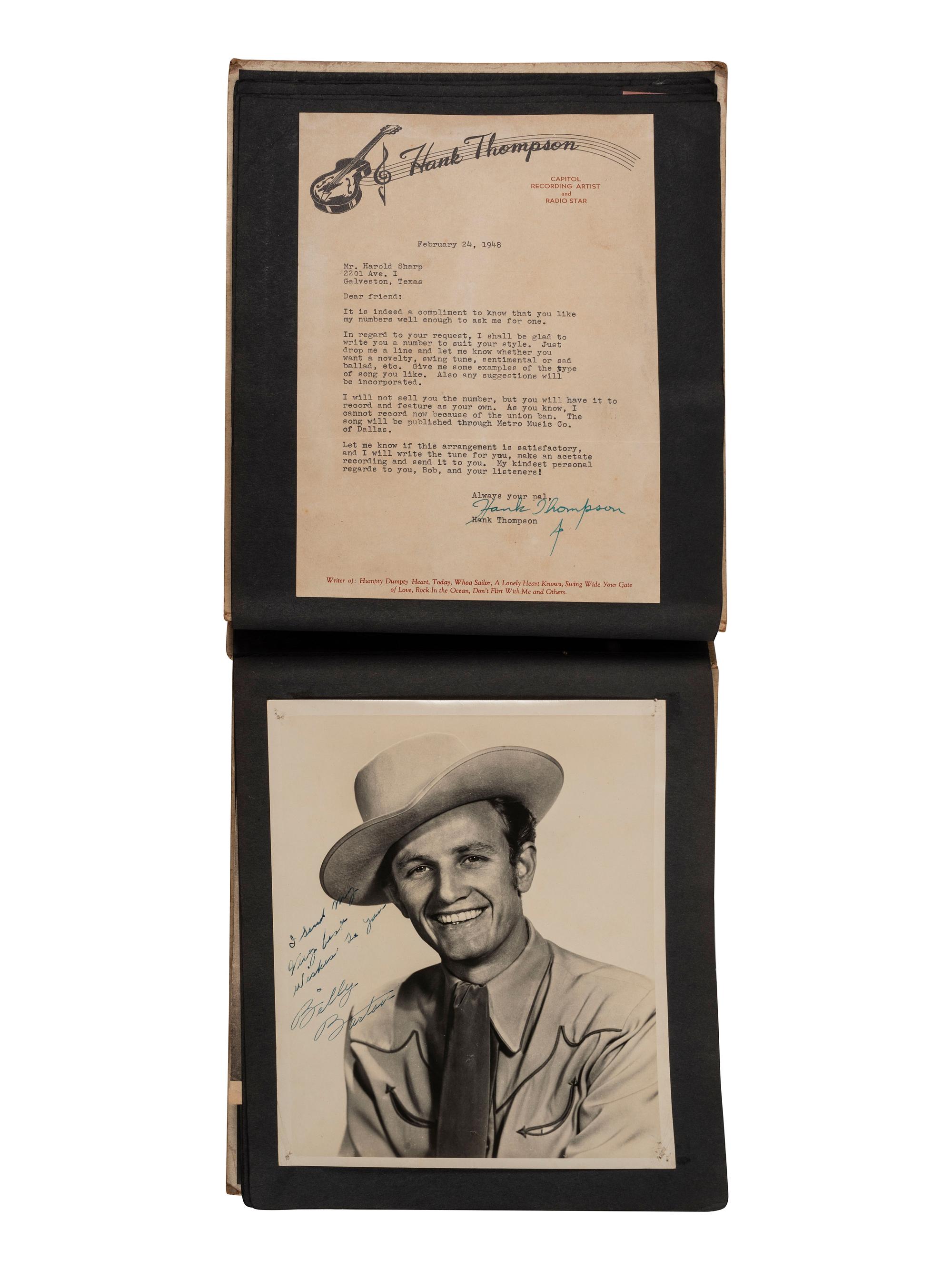 [COUNTRY MUSIC]. Traditional Country Music Hall of Fame scrapbook identified to Harold Sharp, containing rare Hank Williams Memorial Souvenir program.
