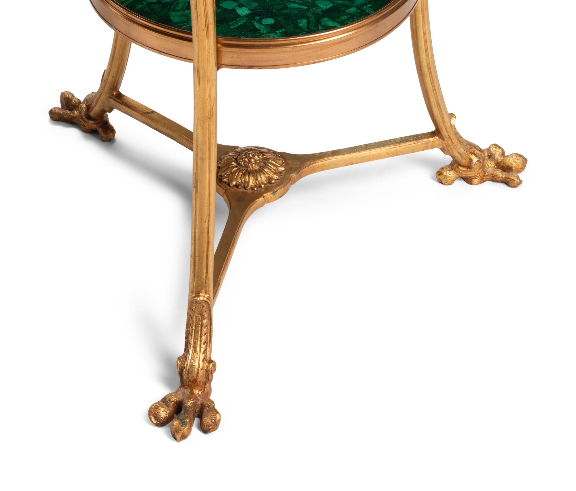A Pair of Neoclassical Gilt Bronze and Malachite Guéridons
