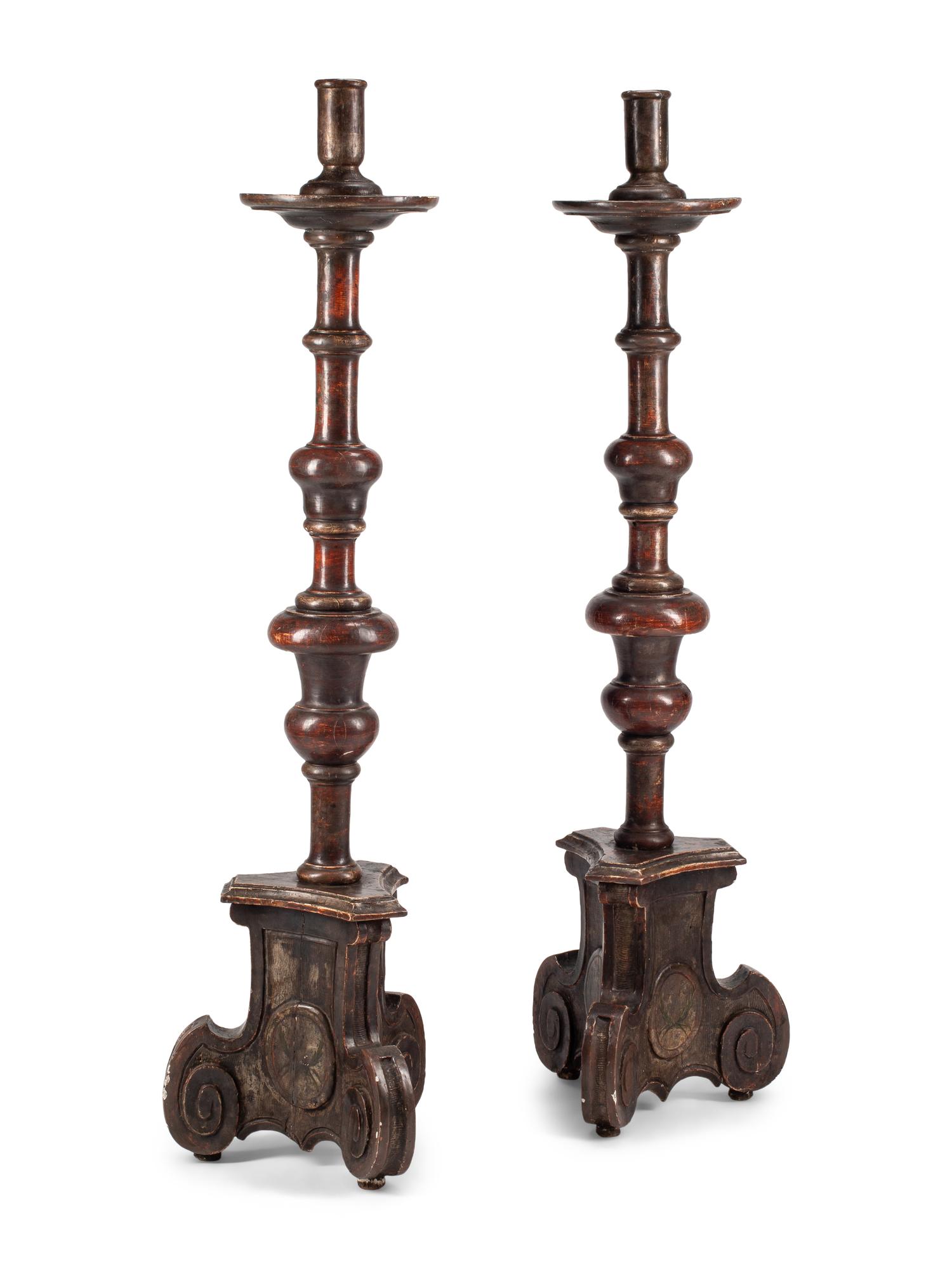 A Pair of Large Italian Baroque Painted Prickets