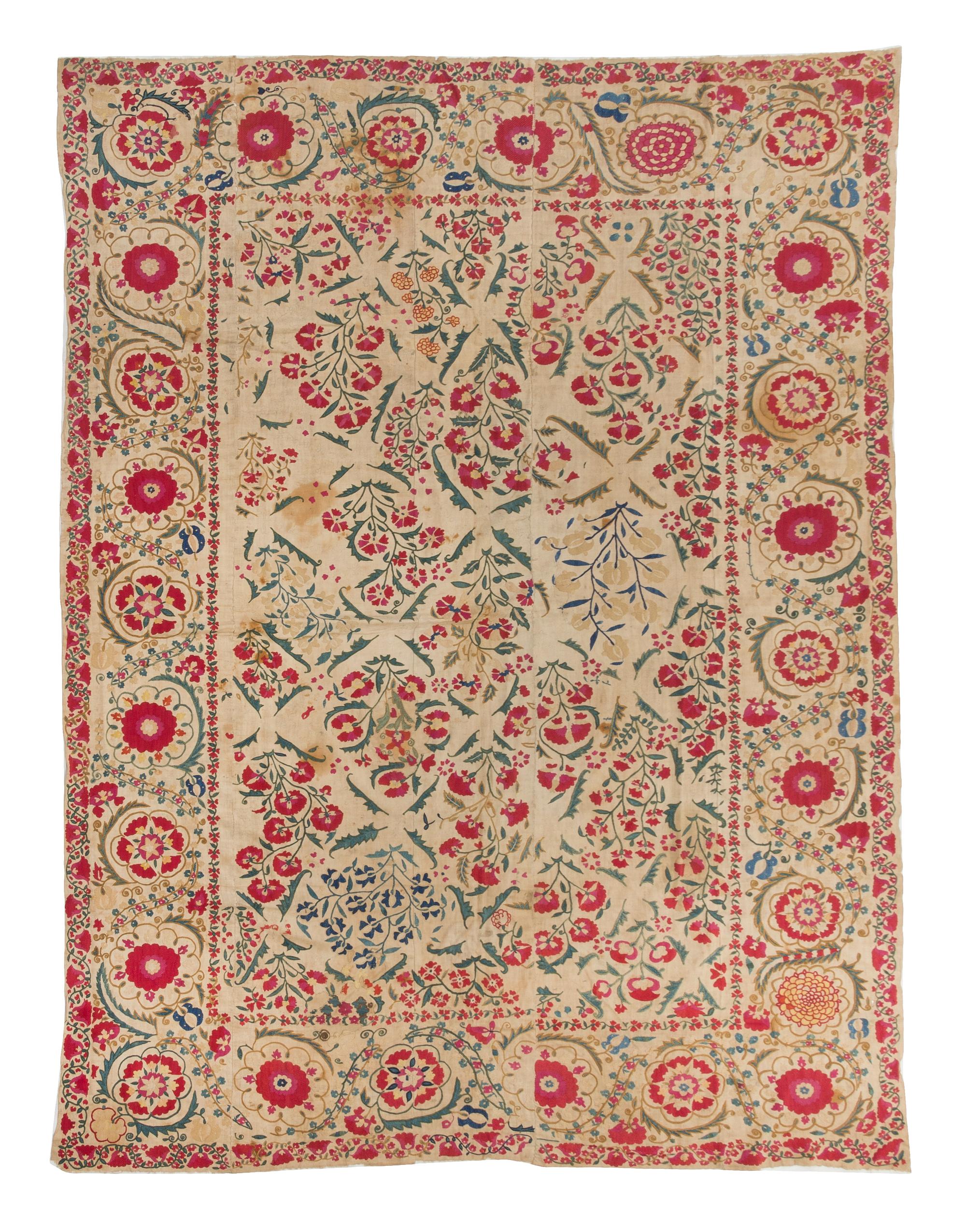 A Kermina Suzani Embroidery 7 feet 4 inches x 5 feet 2 3/4 inches. — MID-19TH CENTURY