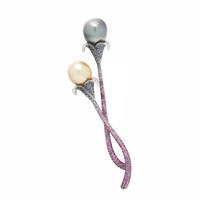 CULTURED PEARL, SAPPHIRE, DIAMOND, AND BLACKENED GOLD FLORAL BROOCH