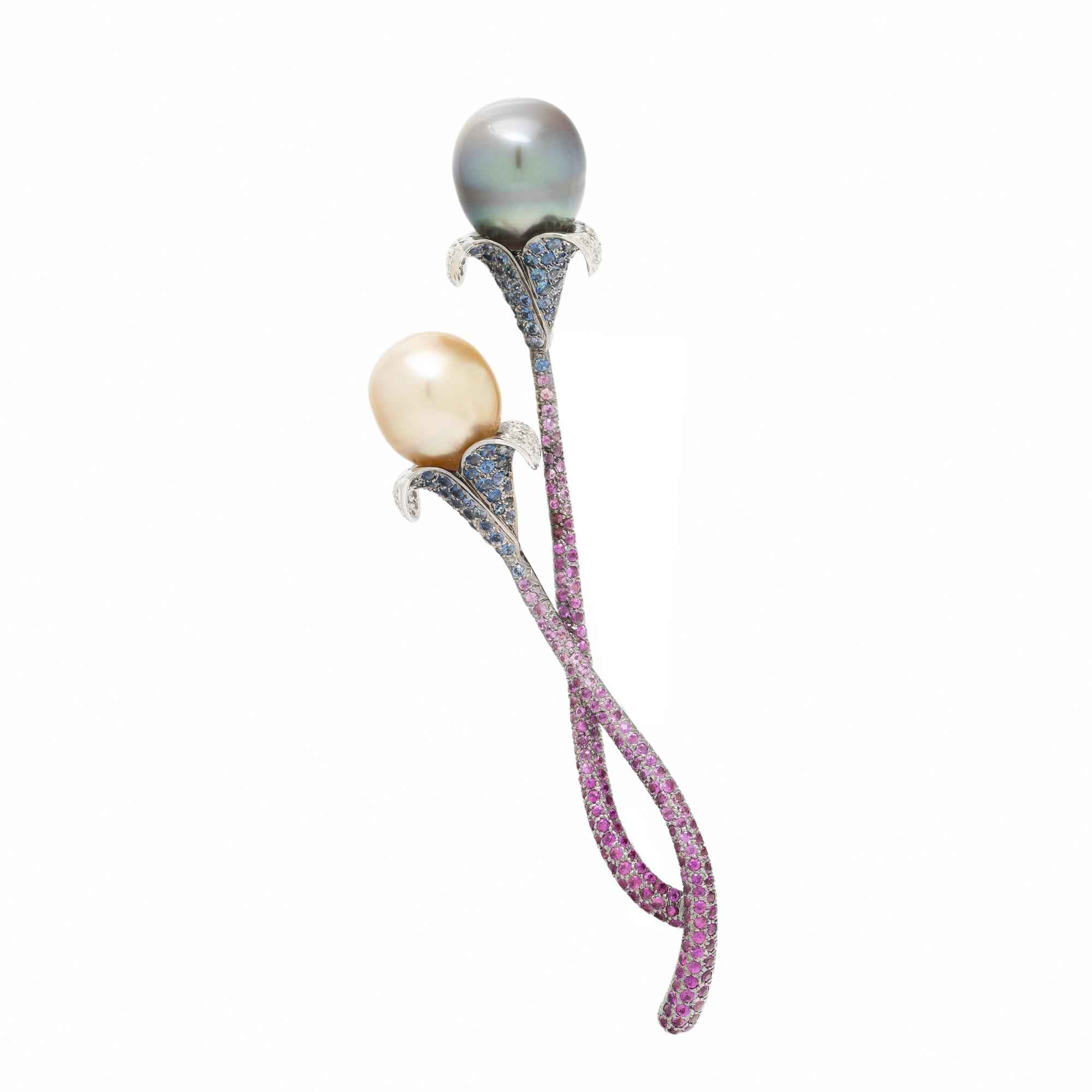 CULTURED PEARL, SAPPHIRE, DIAMOND, AND BLACKENED GOLD FLORAL BROOCH